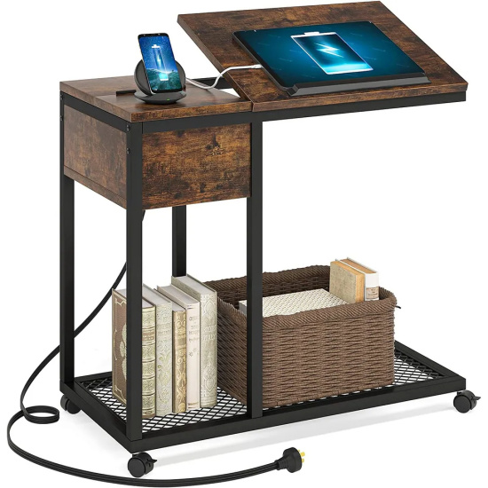 Gymax End Table with Charging Station Industrial Nightstand Flip Top