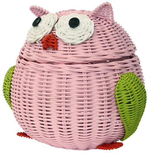 pink owl rattan storage basket with lid