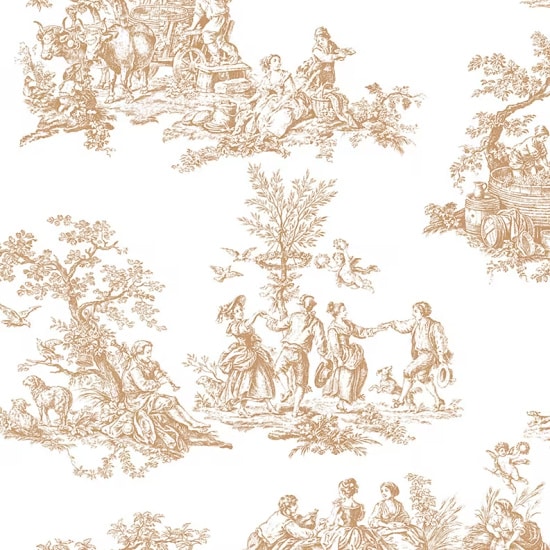 Vintage French Colonial Toile Wallpaper, Metallic Gold